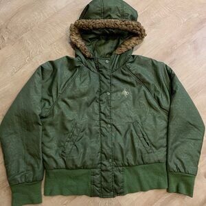 Women’s South Pole Fur Trim Cropped Jacket Coat Green XL Y2K Full Zip W/ Buttons